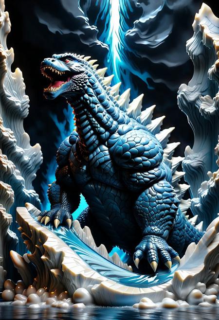 Ultrarealistic. sharp focus, dynamic lighting. play of light, Raytracing, Ultra detailed. (((Liquid Marble style))). Gigantic Godzilla made of Liquid Marble destroying a city.