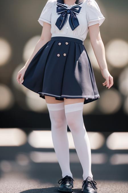 amavelmessageribbon,1girl,Best quality, masterpiece, ultra high res, RAW photo,masterpiece, best qualitys,  (photorealistic:1.4), delicate face, (narrow waist:1.2),
,ponytail, sharp focus, cinematic lighting, (seductive pose),(full body:1.4), 
school uniform, skirt, serafuku, short sleeves, bow, sailor collar, blue skirt, shirt, white shirt, ribbon, black pantyhose, 
(blurry background:2), (outdoor background:2)
  <lora:amavelmessageribbonV1.1:0.7>   <lora:cuteGirlMix4_v10:0.4>