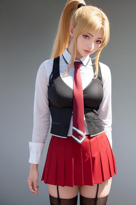 masterpiece, best quality, highres, 1girl kaori saeki parted bangs high ponytail, school uniform spaghetti strap black vest red necktie red skirt black thighhighs <lora:kaori_saeki:1> (photorealistic:1.2)