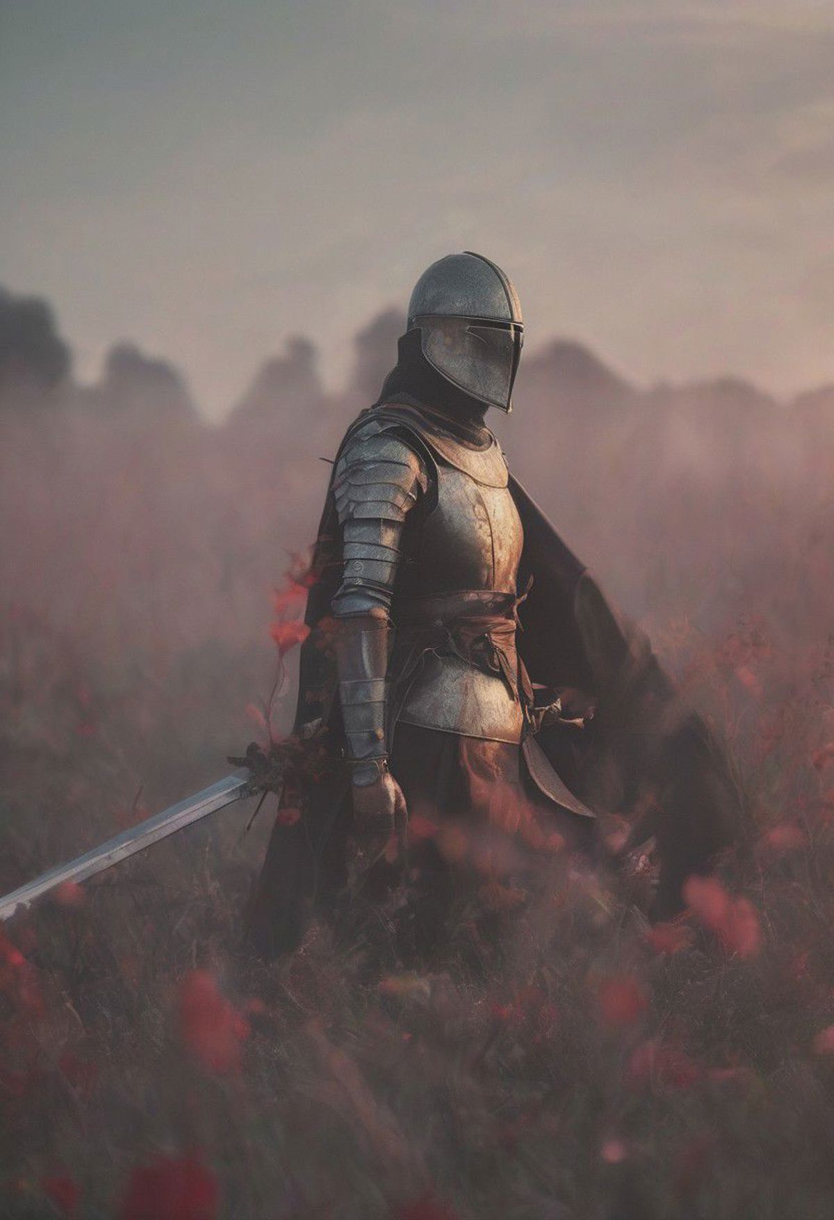 A knight in full armor standing in a field of flowers.