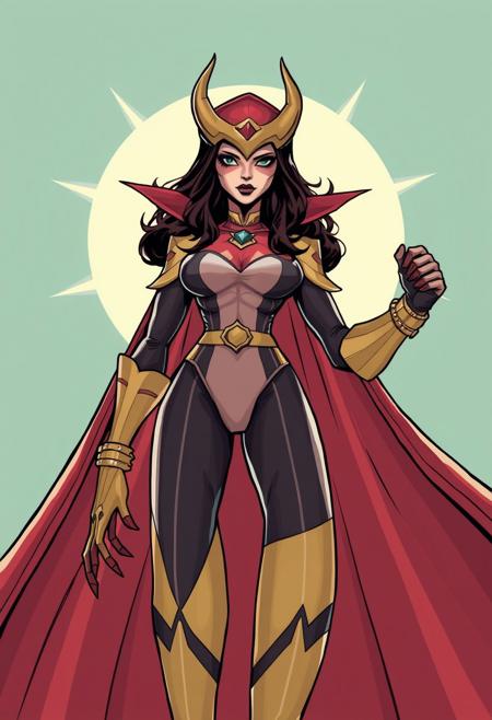 comic style,a female supervillain wearing an fantastical costume,rough cartoon style,