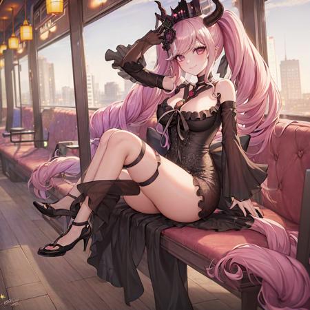 (masterpiece:1.4),(ultra-detailed:1.3), (perfect-composition:1.2), 8K, (photographical skin:1.2), (shiny skin:1.2), BREAK shinigami chan, 1girl, solo, smile, BREAK luxury Train Restaurant interior, full body,  <lora:Shinigami_Chan_v2_Lora:1>