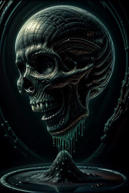 A close-up photorealistic image of a crystallic floating skull facing side view with its mouth open, pouring from it's mouth a shimmering liquid resembling the universe onto the ground, filled with rich stars and swirling galaxies. A simple void background enhances the dark atmosphere, shrouded in fog, capturing the hypnotic flow and shimmer of the cosmic liquid,
