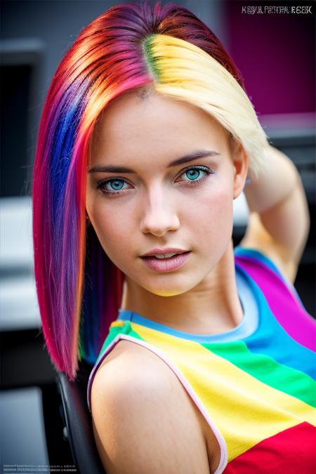 colorful rainbow hair due, lesbian top model. full body, shorthair swiss teen,UHD, RAW Photo, 8k, detailed shadows, detailed quality lighting, (hyperrealistic:1.2), absurdres, realistic, hyperdetailed skin,  intrinsically detailed face, perfect hair, (hyper detailed), love of details, ((erotic)), Fujifilm XT5, Bokeh, anime ink, DanicaFace  <lora:DanicaFace:1>