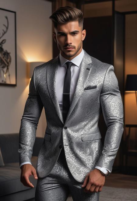 a strong 22-year-old spanish hunk bodybuilder male, with a fringe up undercut hairstyle, detailed face, mindless expression,  wearing a skin tight dark-gray suit with silver patterns, wearing pants,  on a modern living room, standing at attention pose, looking at viewer, portrait, photography, detailed skin, realistic, photo-realistic, 8k, highly detailed, full length frame, High detail RAW color art, diffused soft lighting, shallow depth of field, sharp focus, hyperrealism, cinematic lighting