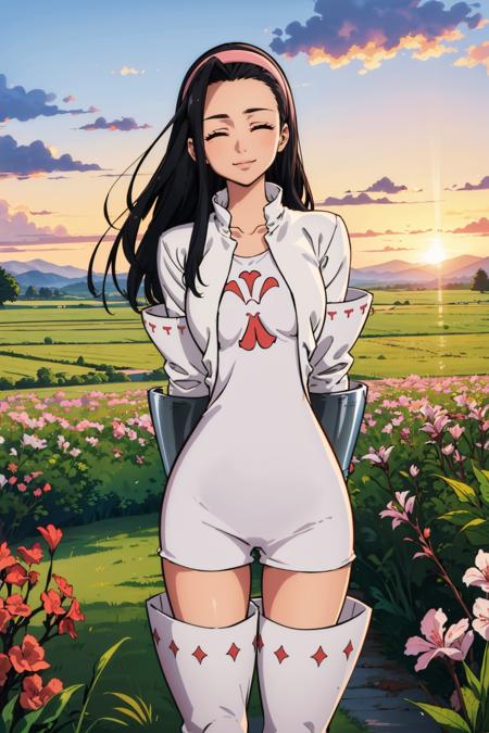 masterpiece, best quality,  <lora:guila-nvwls-v1-000009:0.9> guila, closed eyes, hairband, cropped jacket, white jacket, white dress, short dress, gauntlets, thigh boots, smile, arms behind back, happy, sunrise, field