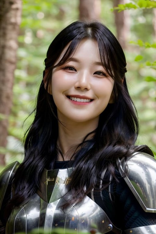 a fromisjiheon smiling, perfect eyes, (dark hair:1.1), (ultra realistic:1.2), (standing in forest:1.2), (close-up photo:1....