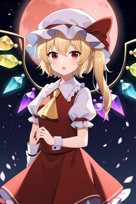 1girl, flandre scarlet, solo, hat, blonde hair, wings, mob cap, skirt, moon, crystal, red eyes, red moon, ascot, looking at viewer, vest, laevatein \(touhou\), red nails, puffy sleeves, short sleeves, red skirt, red vest, puffy short sleeves, wrist cuffs, yellow ascot, open mouth, hat ribbon, side ponytail, ribbon, shirt, nail polish, red ribbon, sky