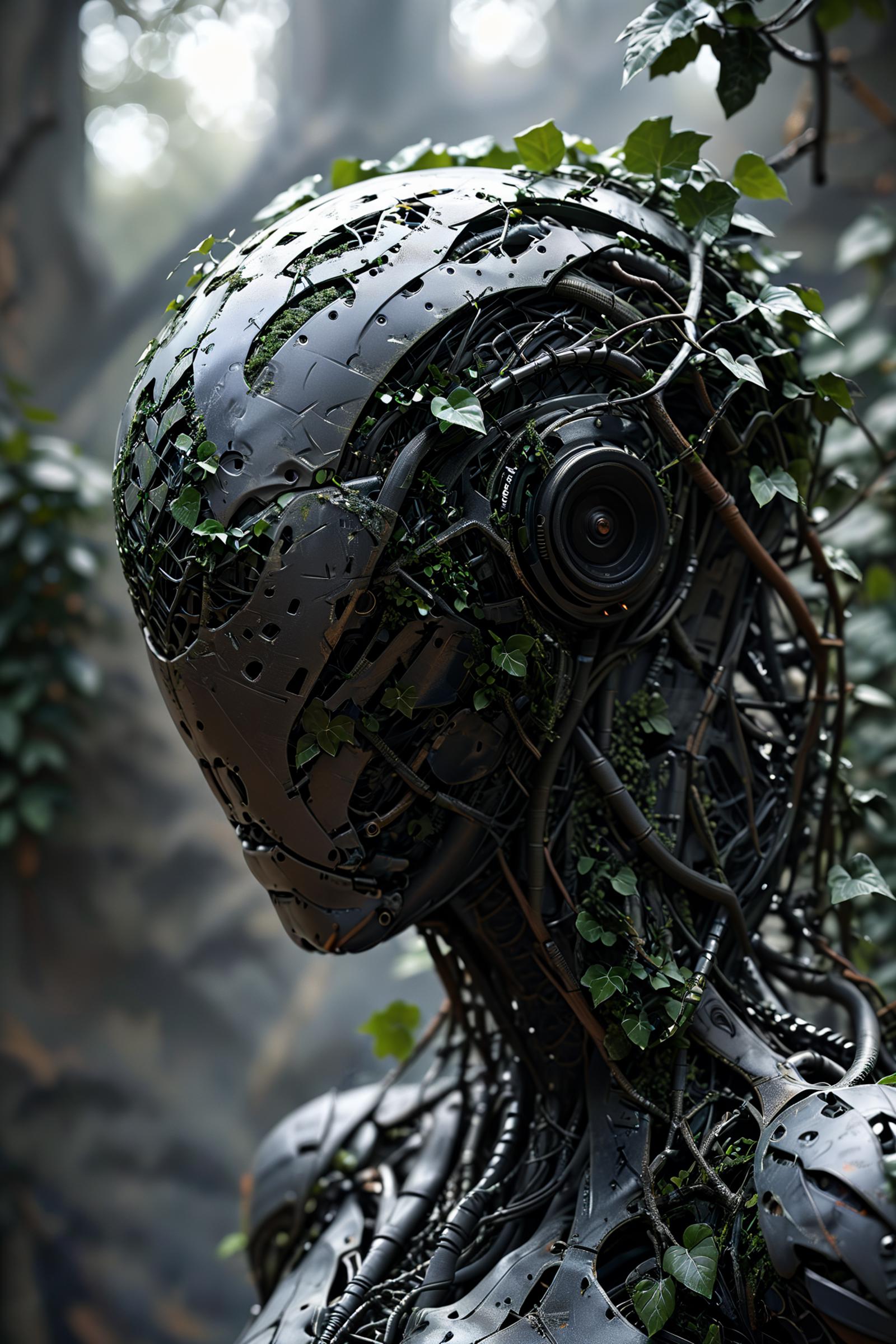 A robot with green leaves as its hair.