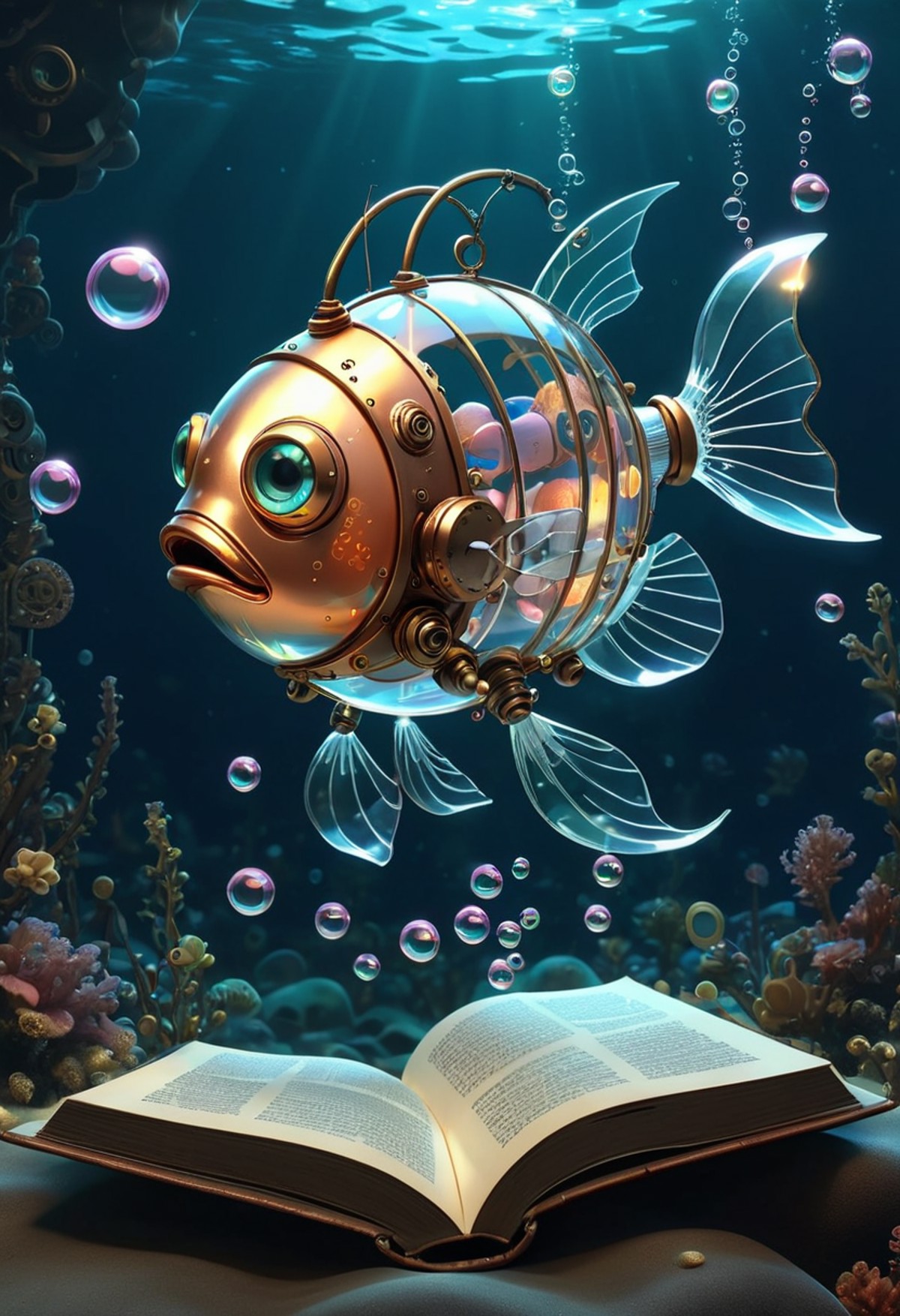 pixar style of a transparent mecha ((fish)), steampunk, cute, luminous, in the ocean, reading a magic book , bubbles, sad,...