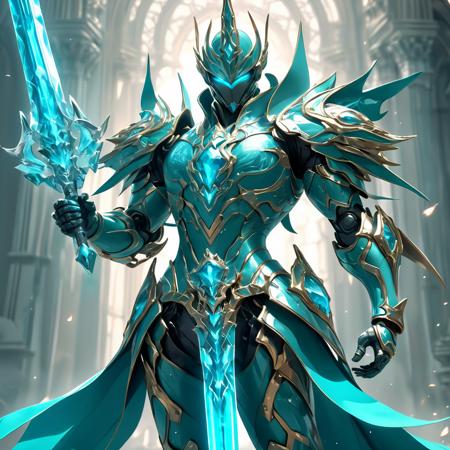 1man. male, solo, wearing turquoise crystal armor, holding crystal weapon infront of him, holding sword, cape,  simple glowing background , HD, masterpiece, best quality, hyper detailed, ultra detailed,