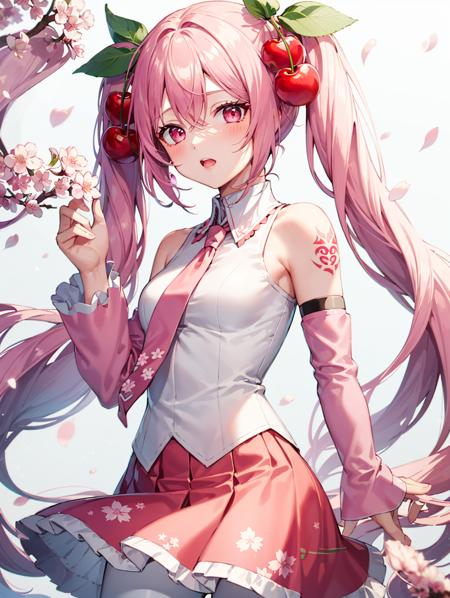 1girl, solo,, pink hair, pink eyes, twintails, food-themed ornament, cherry_ornament, ((cherry_blossom print)), sleeveless, sleeveless shirt, detached sleeves, white shirt, pink necktie, petals, pink skirt, <lora:epiNoiseoffset_v2:1>, rim light, white_pantyhose, tattoo, bare_shoulders, pink sleeves, shoulder tattoo, <lora:Sakura_Miku-10:1>