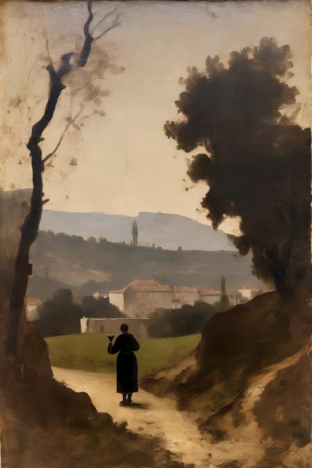 <lora:Jean-Baptiste-Camille Corot Style:1>Jean-Baptiste-Camille Corot Style - landscape from saint-rmy, with a silhouette of a person in robes holding a flask