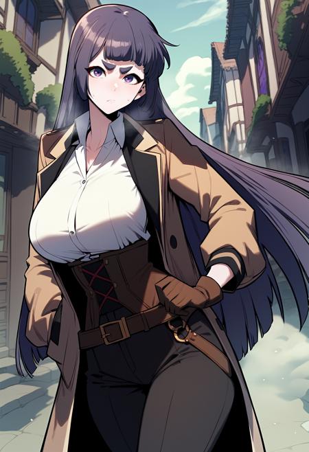 long hair, purple hair, purple eyes, blunt bangs, hime cut, thick eyebrows black dress, collarbone, long sleeves brown jacket, white shirt, collared shirt, belt, high-waist pants, black pants, glove