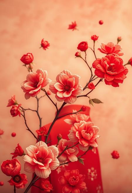 chinese red blouse, in the style of dreamy and romantic compositions, floral explosions