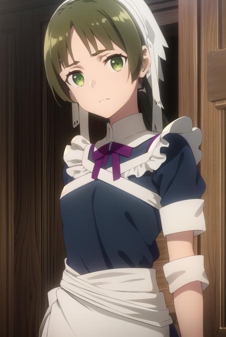 lotte, brown hair, twintails, (green eyes:1.3), low twintails, apron, maid, maid headdress, maid apron,