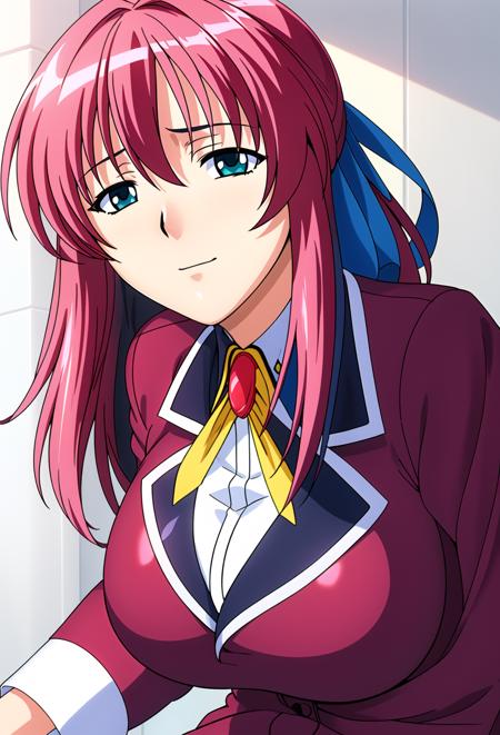 Simple White Background,
uniform with a yellow tie,red jacket,long sleeves,buttons, collared shirt,
<lora:Akari_Mizuno_Houkago-KK77-V1:0.7>,
pink hair,green eyes, Bangs,long hair, (Blue_Hair_ribbon:1.5), 
<lora:Mariana_Luciano_NON_VIRGIN-KK77-V1:0.3>,<lora:more_details:0.1>,
1 girl, 20yo,Young female,Beautiful Finger,Beautiful long legs,Beautiful body,Beautiful Nose,Beautiful character design, perfect eyes, perfect face,expressive eyes,perfect balance,
looking at viewer,(Focus on her face),closed mouth, (innocent_big_eyes:1.0),Light_Smile,
official art,extremely detailed CG unity 8k wallpaper, perfect lighting,Colorful, Bright_Front_face_Lighting,shiny skin, 
(masterpiece:1.0),(best_quality:1.0), ultra high res,4K,ultra-detailed,
photography, 8K, HDR, highres, absurdres:1.2, Kodak portra 400, film grain, blurry background, bokeh:1.2, lens flare, (vibrant_color:1.2),professional photograph, 
(Beautiful,large_Breasts:1.4), (beautiful_face:1.5),(narrow_waist),