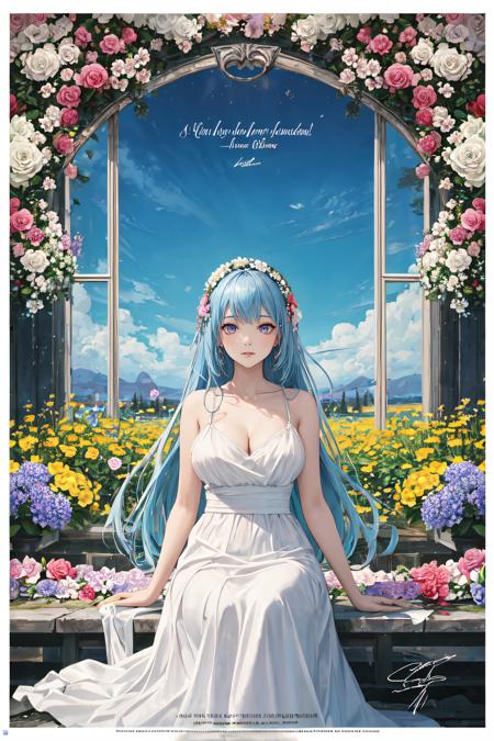 best quality, masterpiece, illustration,(reflection light),incredibly absurdres,(Movie Poster),(signature:1.3),(English text:1.3),
1girl, girl middle of flower,pure skyblue hair, red eyes,clear sky, outside,collarbone,
sitting, absurdly long hair, clear boundaries of the cloth, white dress, fantastic scenery,
ground of flowers, thousand of flowers, colorful flowers, flowers around her, various flowers