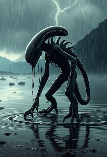 A haunting, cinematic horror image of a Xenomorph standing in a flooded alien valley, rain cascading down its exoskeletal frame as deep rumbles of thunder shake the distant mountains. Pools of thick, tar-like liquid swirl around its clawed feet, reflecting brief flashes of light that catch the sleek ridges of its elongated skull. It tilts its head slightly, sensing something beyond the storm.