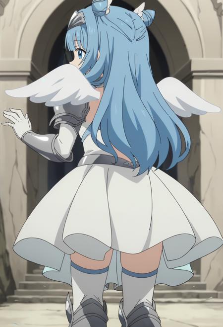 Sylphy,  1girl, blue eyes, blue hair,  long hair, wings,double bun,   hair bun, solo