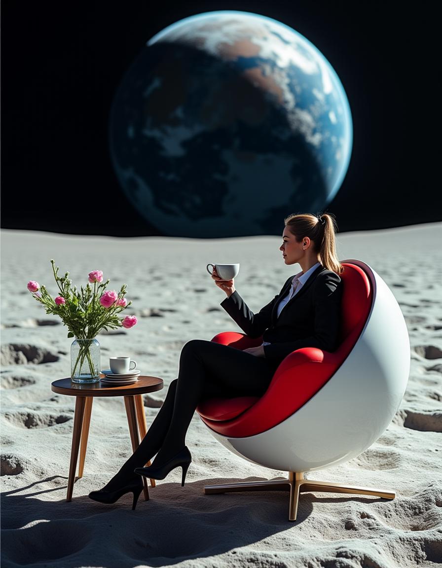 an image of the surface of the moon,
on the moons surface is a coffee table and a white ball globe chair with bright red upholstery
an elegant woman in a business suit sits in the chair casually sipping tea
the (planet earth:2.0) rises into view over the moons horizon directly over the woman's head as she faces the viewer
in the background is the surface of the moon, huge craters aare clearly visible