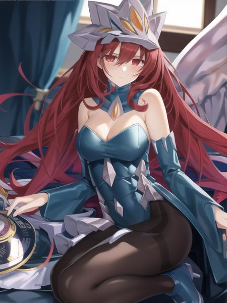 Nekroz_of_Gungnir,red hair,red eyes,blue dress,pantyhose,thigh boots,Tail