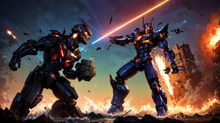 dark blue sky,masterpiece,best quality,extremely detailed,a giant humanoid mecha duel,cinematic,dramatic lighting,(debris:1.3),(missiles:1.1),(lasers:1.1),wide shot,action pose,movement,(motion blur:1.1),(depth of field:1.1),ocean beach,city,(battling:1.2),