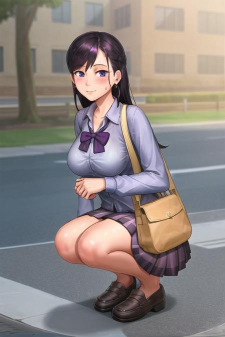 <lora:taffy_tales:.6>, taffy tales, masterpiece, best quality, 1girl, shirt, solo, skirt, squatting, black footwear, looking at viewer, blush, long hair, white shirt, heterochromia, bag, earrings, purple hair, piercing, jewelry, black skirt, shoes, long sleeves, bangs, ear piercing, collared shirt, hair between eyes, purple eyes, closed mouth, bare legs, school bag, pleated skirt, school uniform, breasts, wet, smile, loafers, outdoors, blue eyes, full body, stud earrings