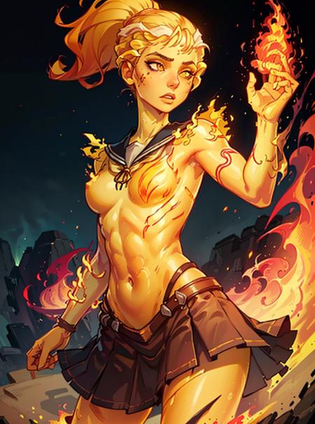 (girl by FireFull:1), curvy, fantasy, fight pose, epic, (fire, fiery hair, glowing), (fire skin, yellow skin:2), (school uniform, skirt, ponytail),
(detailed ladscape, beach, sand:1.2),(detailed background),detailed landscape, (dynamic angle:1.2), (dynamic pose:1.2), (rule of third_composition:1.3), (Line of action:1.2), wide shot, daylight,
(masterpiece:1.2), (best quality, highest quality), (ultra detailed), (8k, 4k, intricate),(full-body-shot), (Cowboy-shot:1.4), (50mm), (highly detailed:1.2),(detailed face:1.2), detailed_eyes,(gradients),(ambient light:1.3),(cinematic composition:1.3),(HDR:1),Accent Lighting,extremely detailed CG unity 8k wallpaper,original, highres,(perfect_anatomy:1.2),
 <lora:FireElement_concept-20:0.5>