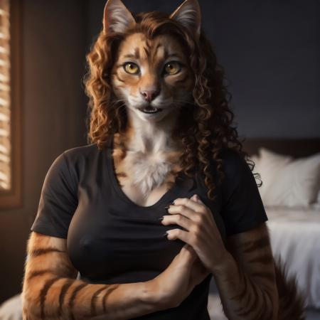 bust shot, detailed bedroom setting, cool lighting, (solo:1.3),
BREAK, staring into the camera, 20 years old, anthro dog cat tabby cat female with orange fur, muscular, fat build, thin fluffy tail, yellow eyes, (long ginger hair, curly hair), cat snout, teeth, fangs, (realistic fur, fur over body, detailed fur texture), (wearing a black t-shirt, wearing blue jeans), large breasts, claws, hand paws, pink paw pads