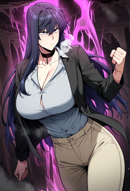 hair between eyes, purple eyes, long hair, black hair military uniform, grey jacket, black shirt, black choker, long sleeves, pocket, brown pants black jacket, black choker, grey shirt, collared shirt, cleavage, brown pants