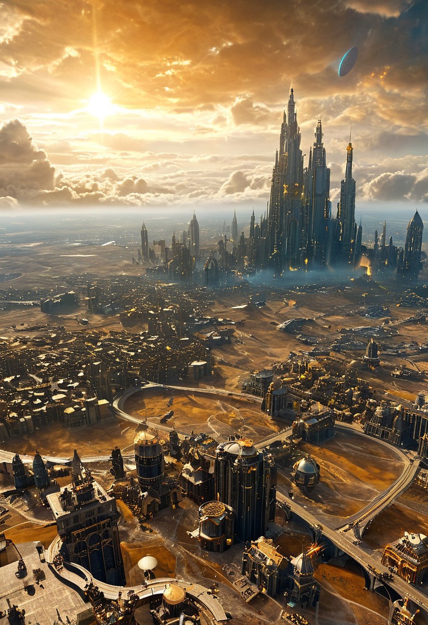 Sci-fi cinematic scene. Interstellar nebular sky. Sci-fi flying city, wandering through cloud sky. Gothic style city on cloudy sky. Overview in High angle view, dusty land donwside. Golden runes and cybernectic line decorate, Grimmdark. (Ultra-realistic, 32k, Masterpiece, High Quality, Detailed Realistic Background, Official Art, Realistic Lighting, filmfotos, film grain, reversal film photography).