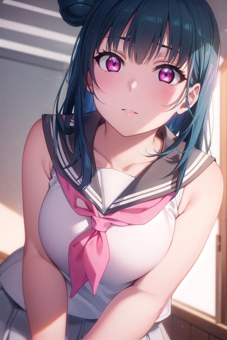 yoshikotsushima, <lora:yoshiko tsushima s2-lora-nochekaiser:1>,
yoshiko tsushima, long hair, bangs, blue hair, (pink eyes:1.3), hair bun, single hair bun, single side bun,
BREAK shirt, school uniform, white shirt, serafuku, neckerchief, uranohoshi school uniform, (orange neckerchief:1.2), sleeveless, skirt, pleated skirt, grey skirt,
BREAK indoors, classroom,
BREAK looking at viewer, (cowboy shot:1.5),
BREAK <lyco:GoodHands-beta2:1>, (masterpiece:1.2), best quality, high resolution, unity 8k wallpaper, (illustration:0.8), (beautiful detailed eyes:1.6), extremely detailed face, perfect lighting, extremely detailed CG, (perfect hands, perfect anatomy),