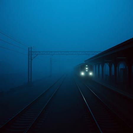 "A still, hauntingly beautiful evening train station, bathed in deep blue hues and thick, slow-moving fog. The camera lingers motionless above the tracks, capturing the eerie stillness—only the faint glow of distant station lights piercing the mist. Suddenly, a slow, ghostly movement: a single train arrives silently, its headlights cutting through the fog like dim searchlights. The air shimmers with floating particles, and the scene feels frozen in time, yet alive with tension. No people, no loud sounds—just the quiet hum of machinery and the occasional creak of metal. Cinematic, 4K, 35mm film grain, muted colors, surreal and dreamlike."
