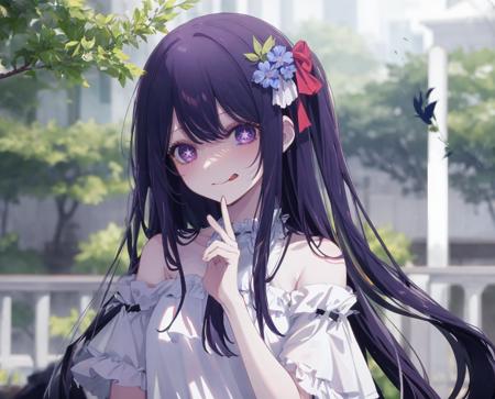 masterpiece, best quality,highres, 1girl, tongue out, solo, masterpiece, best quality,1girl, solo, sniffing the flower, blue flower bloosm, leaves, Foliage thicket, in the leaves,closed mouth, sunlight penetrate through leaves, dynamic angle, dramatic light, upper body, five fingers, long hair, pure white dress, bare shoulder, detailed eyes <lora:hoshinoAilocon-000015:0.8> ,   starpupil, closed up, eye focus, <lora:sheyalocon-000012:0.5>