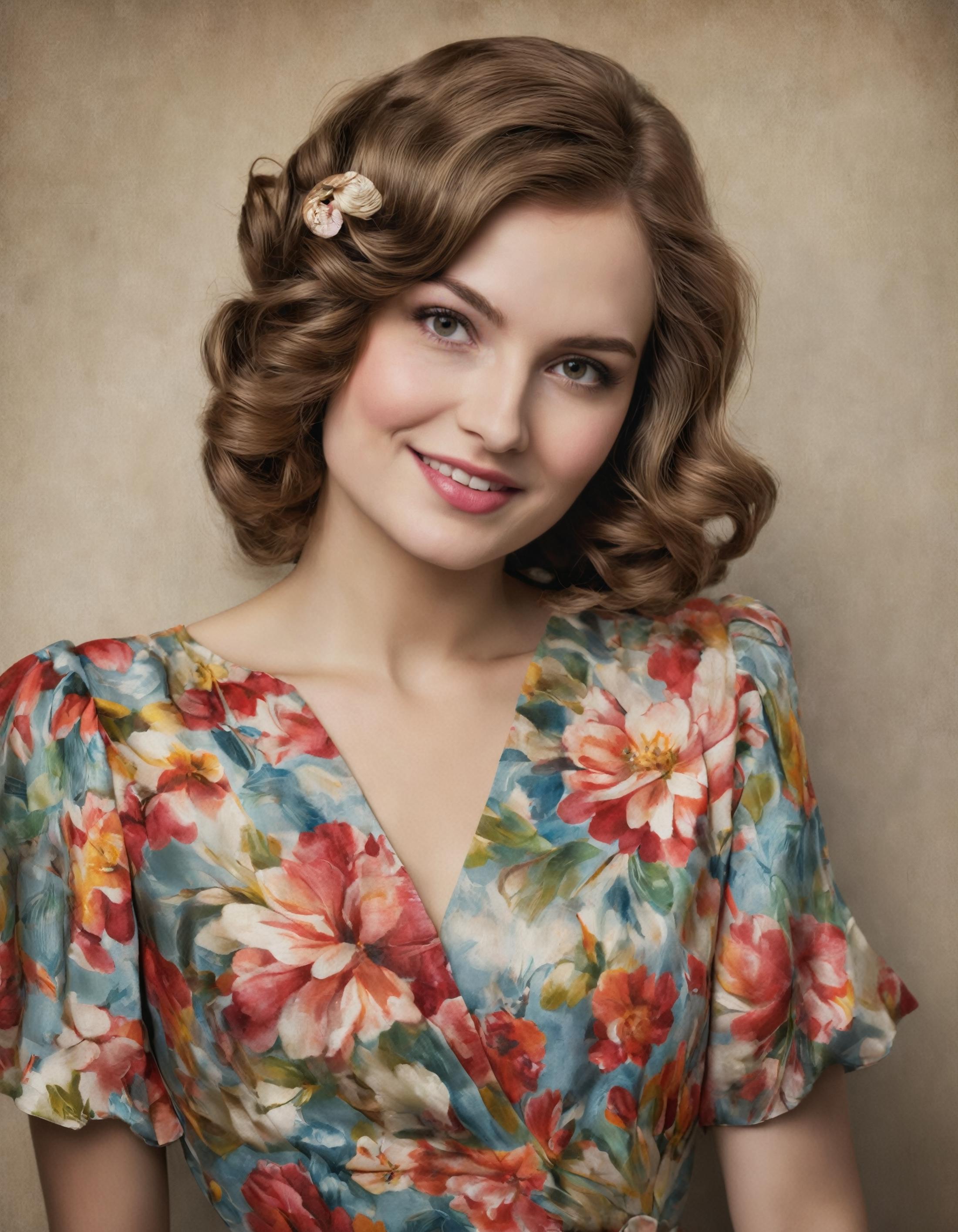 A smiling woman wearing a floral dress and a pearl in her hair.