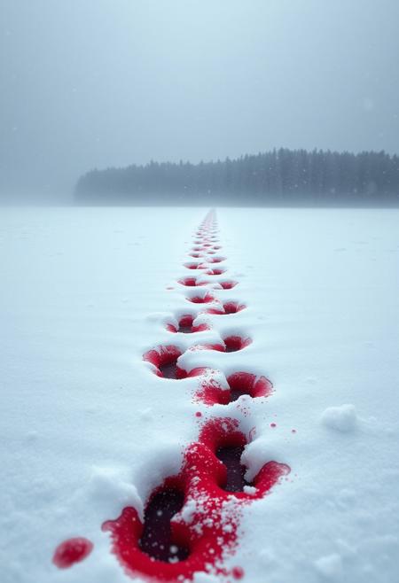 "In the frozen, crystal expanse of a snow-shrouded field, a blizzard raged, its icy tendrils swirling like a chorus of ghostly ballerinas. Amidst the tempest, a trail of crimson footprints blazed like rubies, leading away from the viewer's gaze and into the dark, velvety maw of a distant forest. The snowflakes danced around each print, as if attempting to erase the bloody path, but the stains persisted, like the faint, rose-tinted whispers of a forgotten tragedy. In the distance, the forest loomed, its silhouette a jagged, inky slash across the horizon, its darkness seeming to seethe and twist, like a living, sentient entity, waiting to devour the secrets that the footprints promised to reveal." highest-Quality, intricate details, visually stunning, Masterpiece