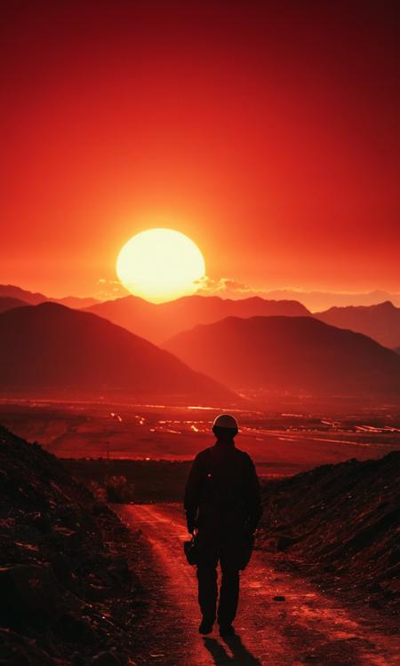 cinematic still nuclear waste, nuclear explosion on in background, red sun dawn behind mountains, dark silhouette of person on the sky looking down, extremely detailed . emotional, harmonious, vignette, 4k epic detailed, shot on kodak, 35mm photo, sharp focus, high budget, cinemascope, moody, epic, gorgeous, film grain, grainy, nuclear waste, nuclear explosion on in background, red sun dawn behind mountains, dark silhouette of person on the sky looking down, extremely detailed, sharp focus, cinematic, colorful, singular, very beautiful, stunning, highly detail, professional, ambient light, intricate, epic composition, magical atmosphere, dynamic color, great colors, perfect, balanced, calm, exciting, unique, best