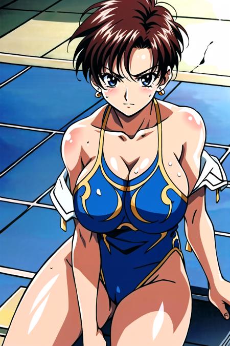 Masterpiece, best quality, absurdres, Anime screencap, beautiful, extremely detailed face, perfect lighting, hyper detailed, beautiful face,Chun-li, swimsuit, 1girl, one-piece swimsuit, breasts, short hair, pool, choker, cleavage, highleg swimsuit, competition swimsuit, cross, looking at viewer, wet, solo, jewelry, brown eyes, sitting, highleg, poolside, large breasts, off shoulder, bare shoulders, brown hair, necklace, jacket, water, thighs, covered navel, collarbone, earrings, white jacket, blush, <lora:aSFIIMovieCLV14p:0.85>