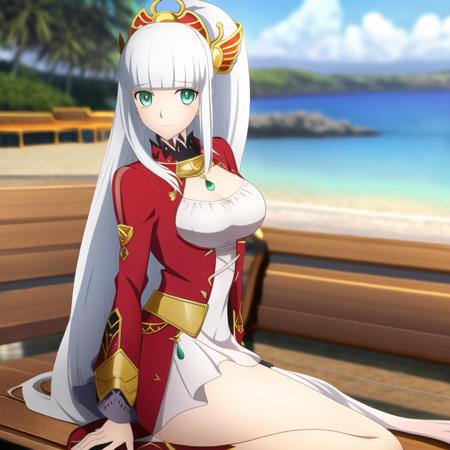 lailah (tales), 1girl, solo, white hair, long hair, ponytail, bangs, blunt bangs, hairband, aqua eyes, sidelocks, hair ornament, blue eyes, narrow waist, slim waist, looking at viewer, beach, full body, highres, hands on own chest, night, sitting, sitting on bench, leaning forward, from side, legs apart, dress