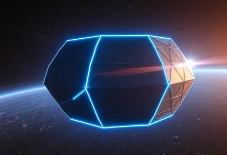 A massive geodesic octagon structure floating in the vastness of outer space, its surface made of intricate, interlocking metallic panels with glowing neon blue lines tracing its geometry, capturing the futuristic essence of advanced engineering. The scene is illuminated by distant stars, adding a soft, ethereal glow to the octagon’s edges, with a vast galaxy spread out in the background, stars and nebulas rendered in breathtaking clarity. The geodesic form creates a hypnotic symmetry that stands out against the cosmic backdrop. Panavision optics capture every detail with hyperrealism, emphasizing the high-definition textures on the octagon’s surface. Rendered in 8K ultra-high-definition with Octane Render, achieving photorealistic detail, depth, and color accuracy, showcasing an epic, futuristic space setting with highly dynamic lighting, shadow play, and lens flare effects from the Panavision capture, giving it an immersive and cinematic quality.
