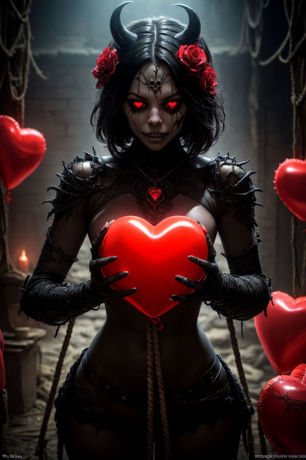 A woman in a black and white dress is holding a red heart.