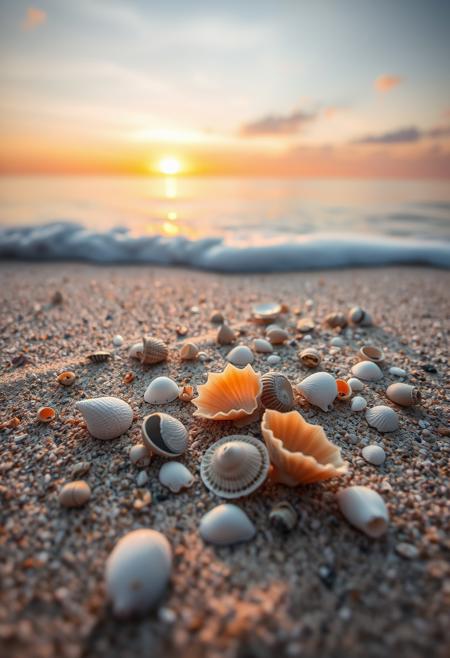 Seashore, sand, rare shells of different sizes, detailed water and sea foam, sunset, realism, details