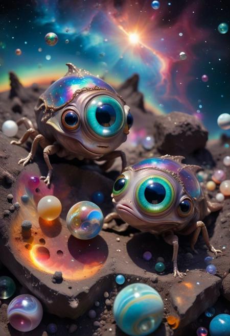 1girl: beautiful, photorealistic, fantasy intricate elegant, ultra realistic, decadent, ray tracing,  Two alien children with oversized, multifaceted eyes and iridescent skin giggle as they play with marbles which are actually the Earth and Moon. Their playground is a nebula of swirling colors, and tiny meteorites whiz past like stray pebbles. The children's laughter echoes out into the cosmos, a melody of innocent fascination echoing against the fragile beauty they hold in their hands.