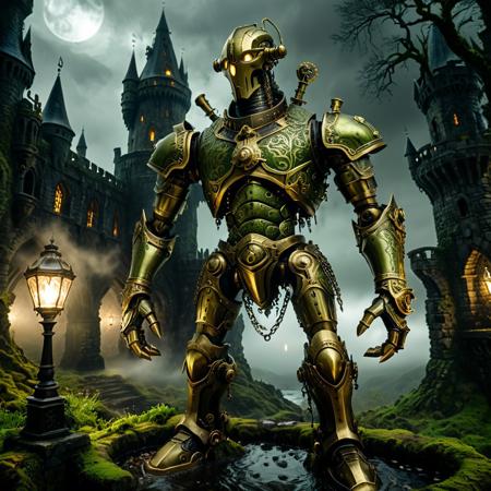 giant bipedal robot brass and olive green and bronze paisley robot. lacy robot metal. helmet torso head. outside of a steampunk keep. large detailed torso. dark image. one forty foot tall ancient robot with great arms and two heavy spring legs. dark foggy night background. $dark foggy night image only. dark photo realistic image. steampunk details. cogs, chains and pipes incorporated in the fantasy buildings. magic wizards tower in background. Dark swamp, moss, castle ruins, wizards tower. stormy dark night. stormy sky. rain. no head glass