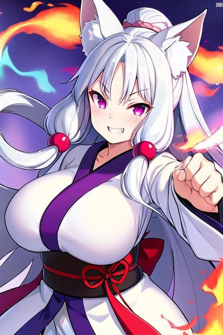 animal ears, 1girl,huge breast,dynamic angle,dutch angle, 
japanese clothes, white hair, kimono,  long hair, fox ears, fang, purple eyes,wide sleeves, bangs, long sleeves, blush, sleeves past wrists,  solo, sash, very long hair, looking at viewer, hagoromo,  cloud, shawl, white kimono, obi,
(fighting stance:1.2),fire, 
grin,happy,
<lora:itako_V1_adam-000003:0.5>