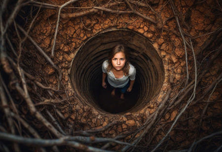 Create an image of a girl trapped in an abandoned vertical tube well, aerial view, dry land, dry trees, light rain, a landscape, dark clouds, her fear, confusion, sunset, dim overhead light, hyperrealistic nature.