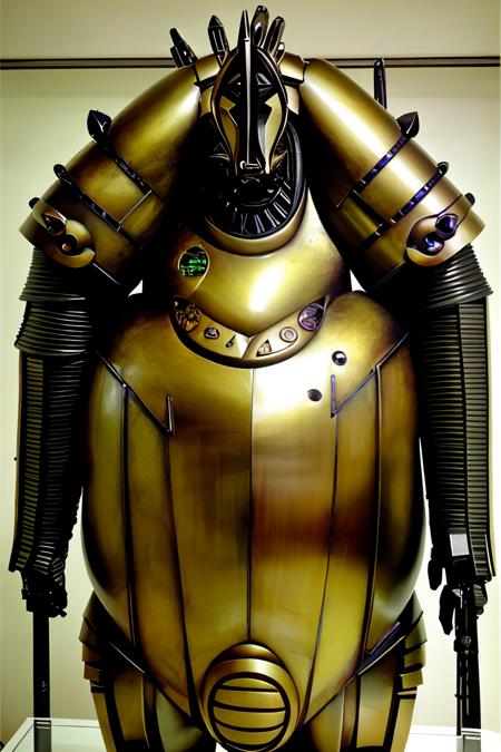 a large robot statue is on display in a museum , solo, open mouth, teeth, no humans, traditional media, robot, mecha, spikes, science fiction, realistic, retro artstyle, 1980s (style) ,from The 5th Elemenent movie