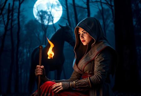 woman with assassin's Creed magic suit holding a magic stick  in a dark forest ,the trees hide the light of the moon blue environment , sitting behind a flame, looking to the flame and a black horse behind 
, good details in the face