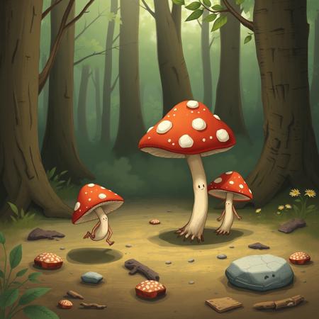 Cute little walking mushroom-creatures exploring in a forest, fantasy art